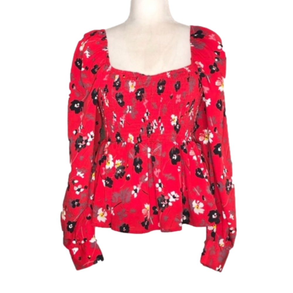 Buffalo red floral smocked blouse